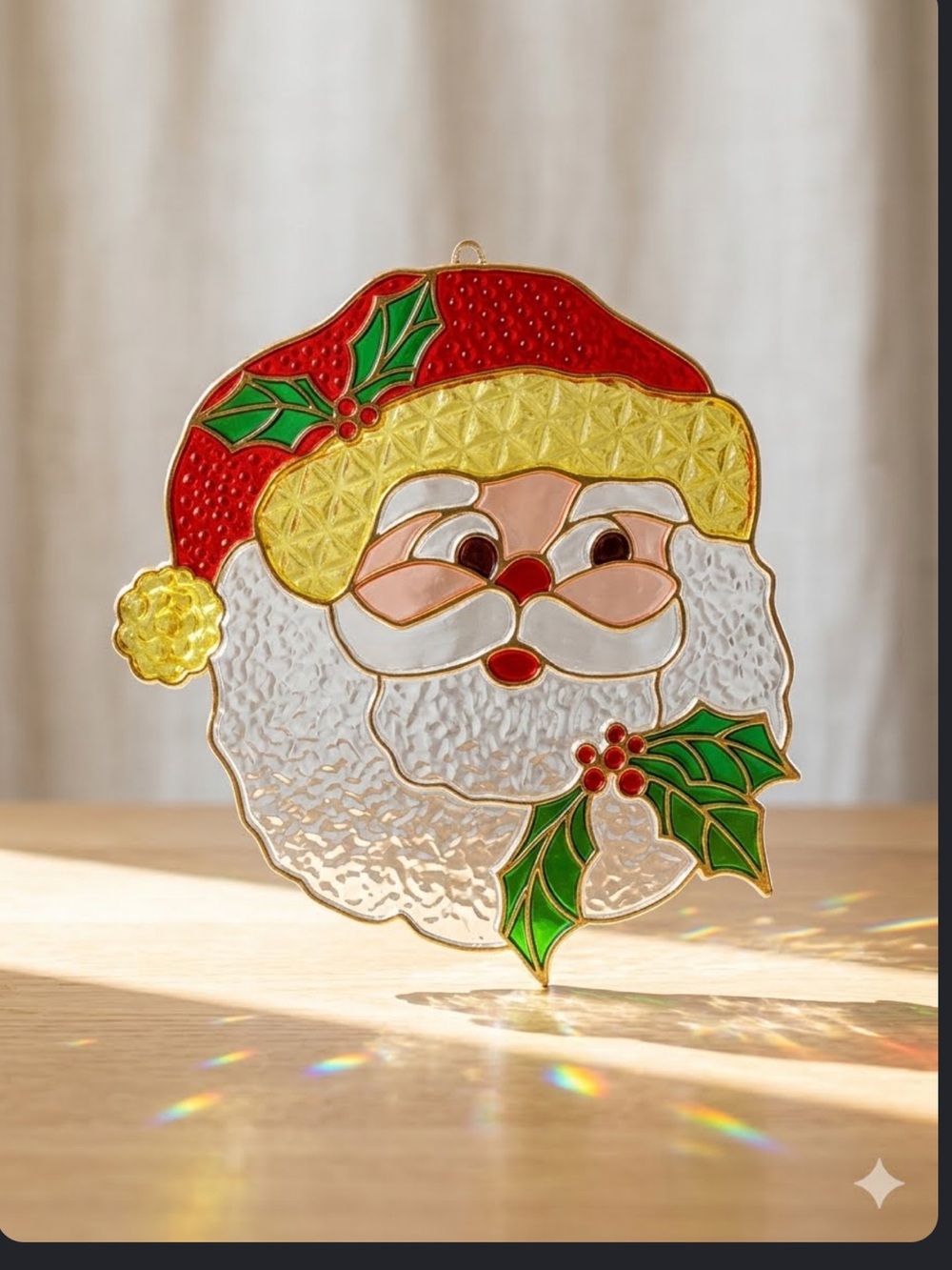 Vintage Christmas Crystalline Window Decoration Santa Stained Glass Look Retro